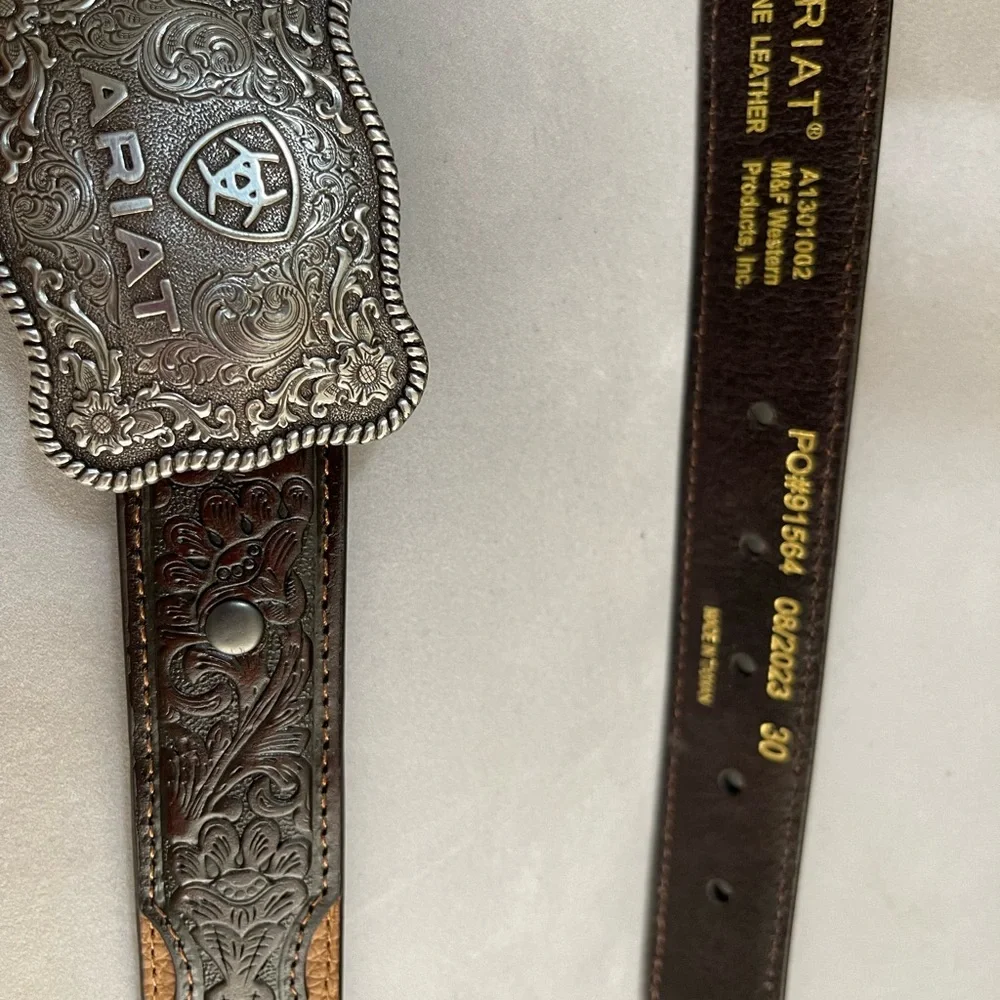 Ariat Dark Brown Leather Belt with Ornate Silver Buckle